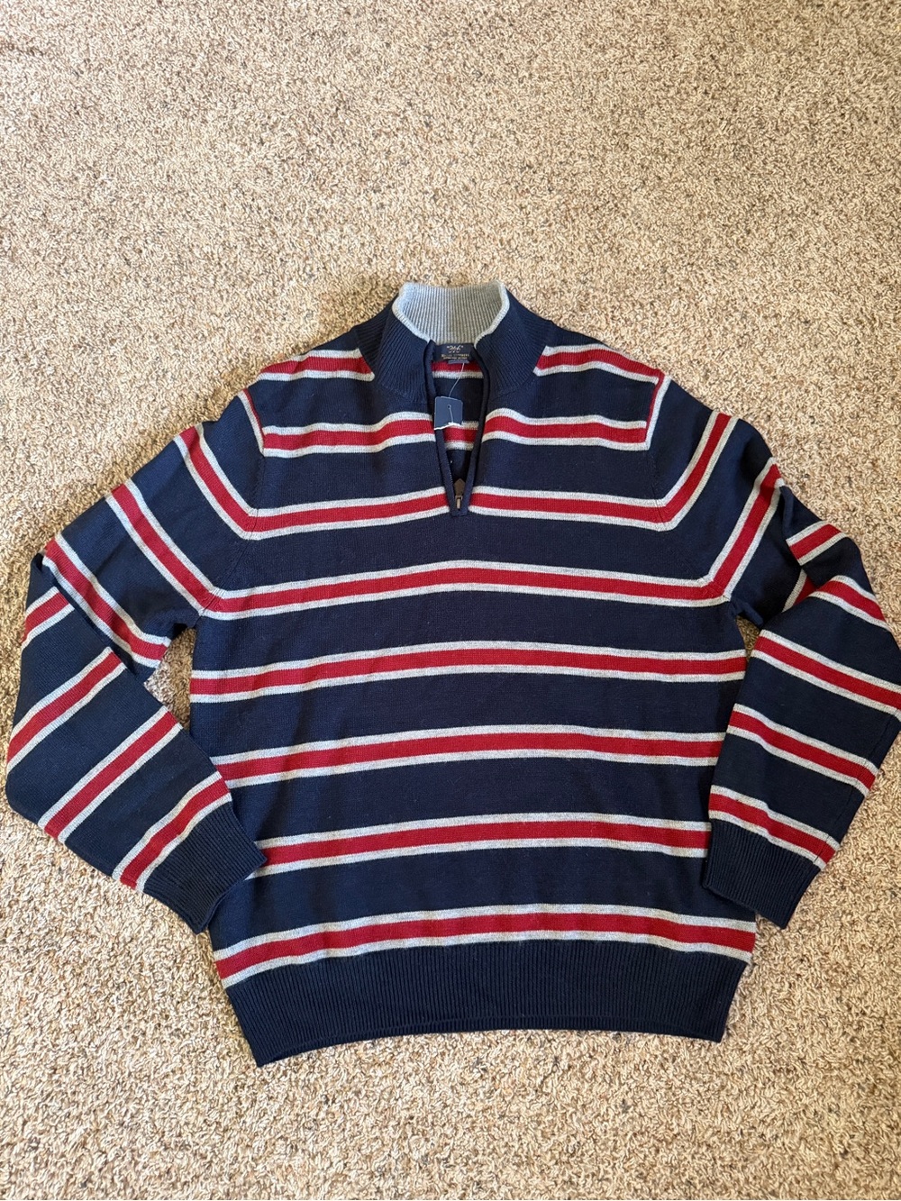 Brooks Brothers Navy Stripe Zip Sweater with Red & Light Gray Bands